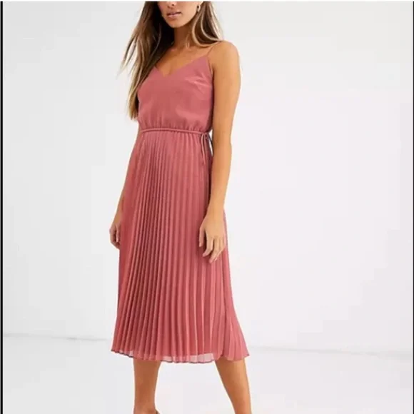 asos design pleated cami midi dress ASOS DESIGN pleated cami midi dress with drawstring waist in navy